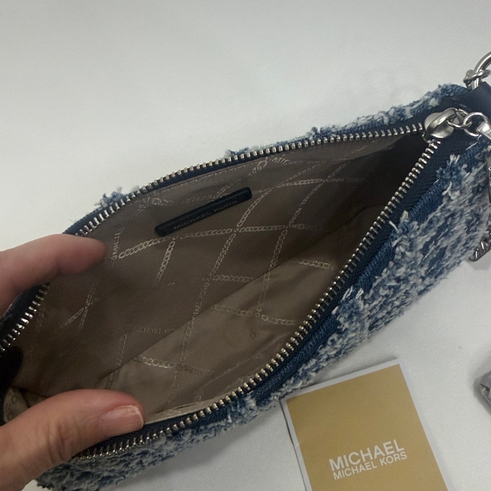 Michael Kors Empire Medium Frayed Denim Chain-Link Pochette handbag.
.NWT - Picture 8 of 12